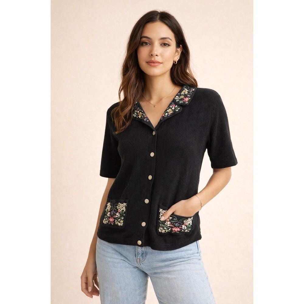 Erika Studio Floral Embroidered Cardigan Sweater Womens M Black Ribbed Knit Top
